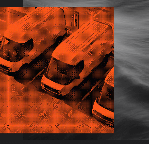 Three trucks rendered as orange halftone illustration with white grid overlay